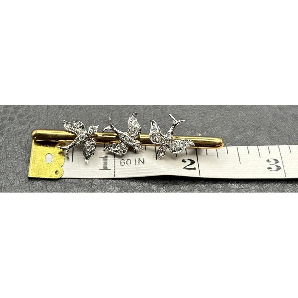 Atwood & Sawyer Victorian Revival Rhinestone Swallow Birds Bar Brooch Gold Tone